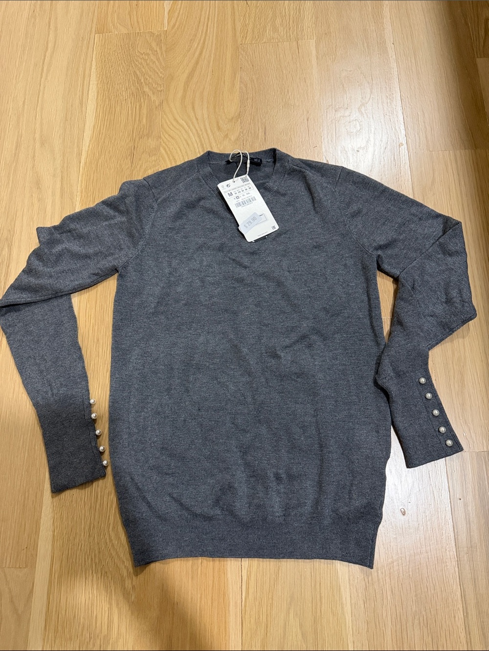Zara Women's Crewneck Sweater in Charcoal Gray with Pearl Cuff Buttons